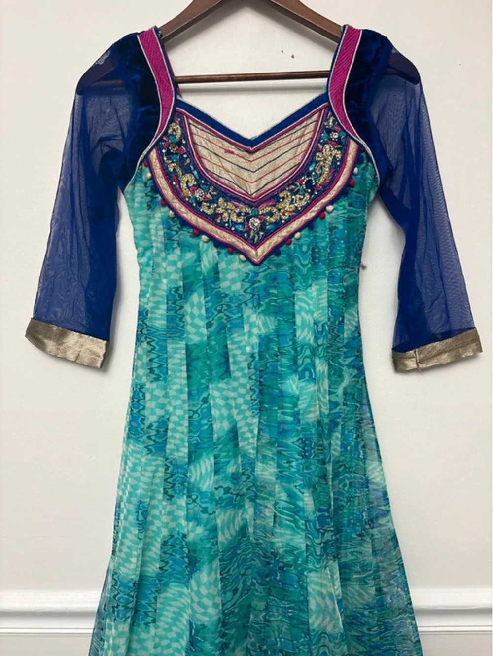 Indian Anarkali Maxi Dress XS/S Blue Beaded Embellished Formal Gown
